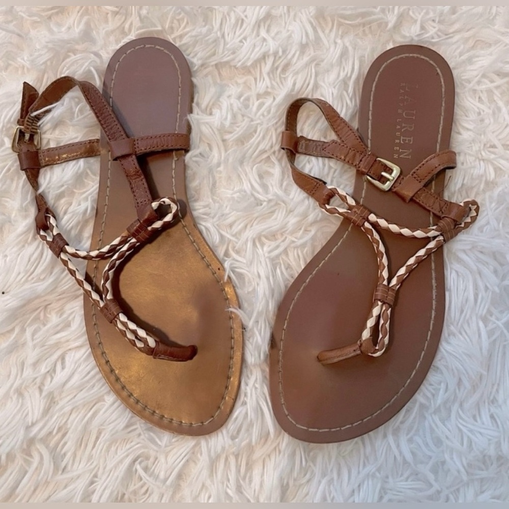 Lauren Ralph Lauren Brown White Leather Strap
Flat Sandals. 
Size 7